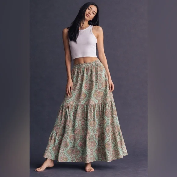 Boho Paisley Tiered Maxi Skirt | Stretch Waist - Picture 1 of 6